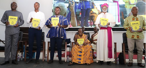 Rev. Dr Ntim Fordjour (3rd from left), Deputy Minister of Education; Justice Jones Dotse (far right), a Justice of the Supreme Court; Most Reverend Charles Palmer-Buckle (2nd from right), Metropolitan Archbishop of Cape Coast; Nana Akuoko Sarpong (seated), Omanhene of Agogo Traditional Area; Emmanuel Fiemawhle (left), Headmaster of Accra Academy, and Simon Ontoyin (2nd from left), author, jointly launching the book at the ceremony in Accra Rev. Dr Ntim Fordjour (3rd from left), Deputy Minister of Education; Justice Jones Dotse (far right), a Justice of the Supreme Court; Most Reverend Charles Palmer-Buckle (2nd from right), Metropolitan Archbishop of Cape Coast; Nana Akuoko Sarpong (seated), Omanhene of Agogo Traditional Area; Emmanuel Fiemawhle (left), Headmaster of Accra Academy, and Simon Ontoyin (2nd from left), author, jointly launching the book at the ceremony in Accra